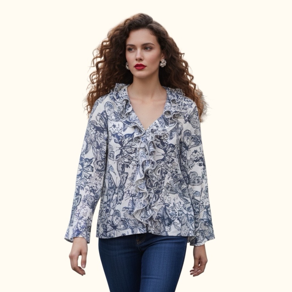 Together Blue Butterfly Ruffle Blouse | Size 10 Shell Buttons